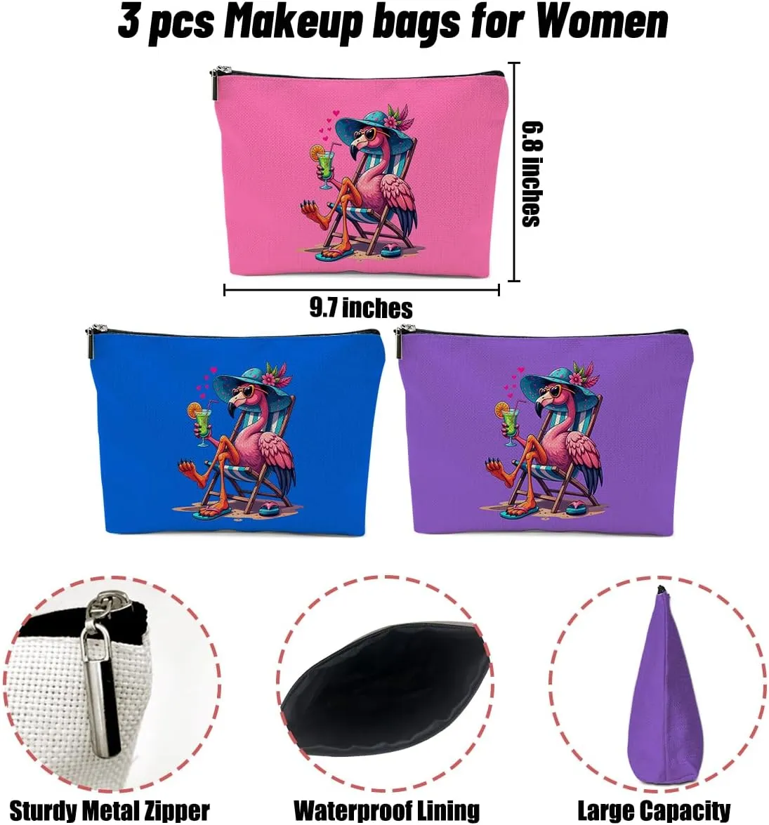 3 Pack Beach Summer Whimsical Bird Flamingo Gifts Makeup Bag, Travel Essentials Cosmetic Bags for Women Sister Friend Girl Trip, Travel Toiletry Bag for Friendship Birthday Christmas Girls Weekend