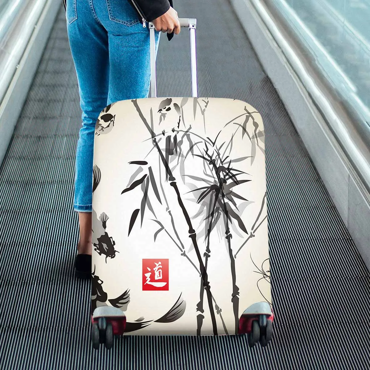 Arts themed Cover for Luggage suitcase printed bamboo in the bird and fish hand drawn in ink