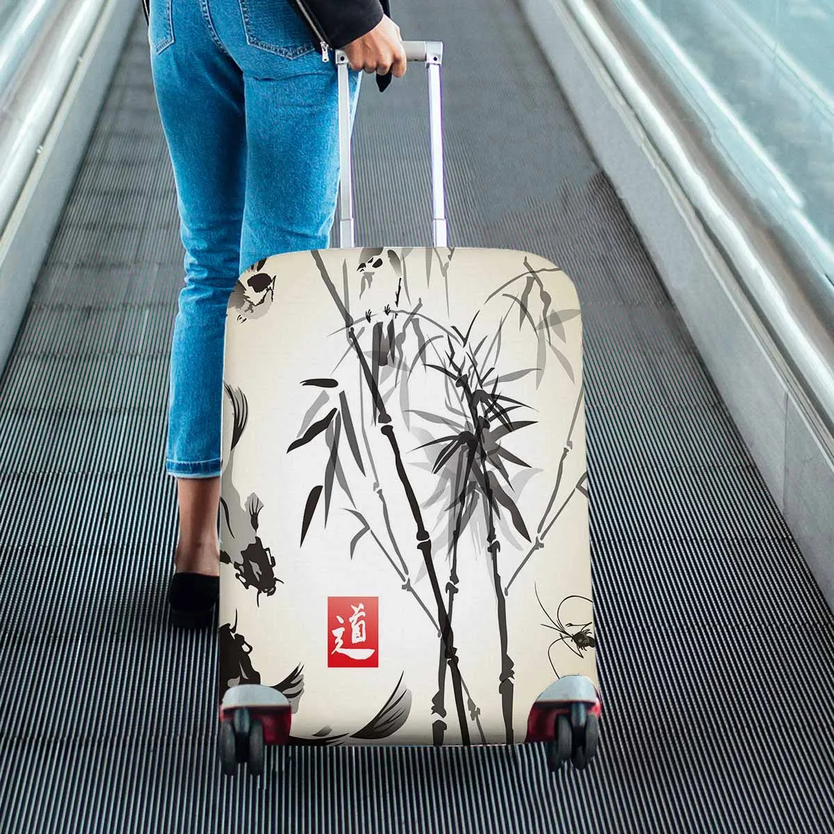 Arts themed Cover for Luggage suitcase printed bamboo in the bird and fish hand drawn in ink