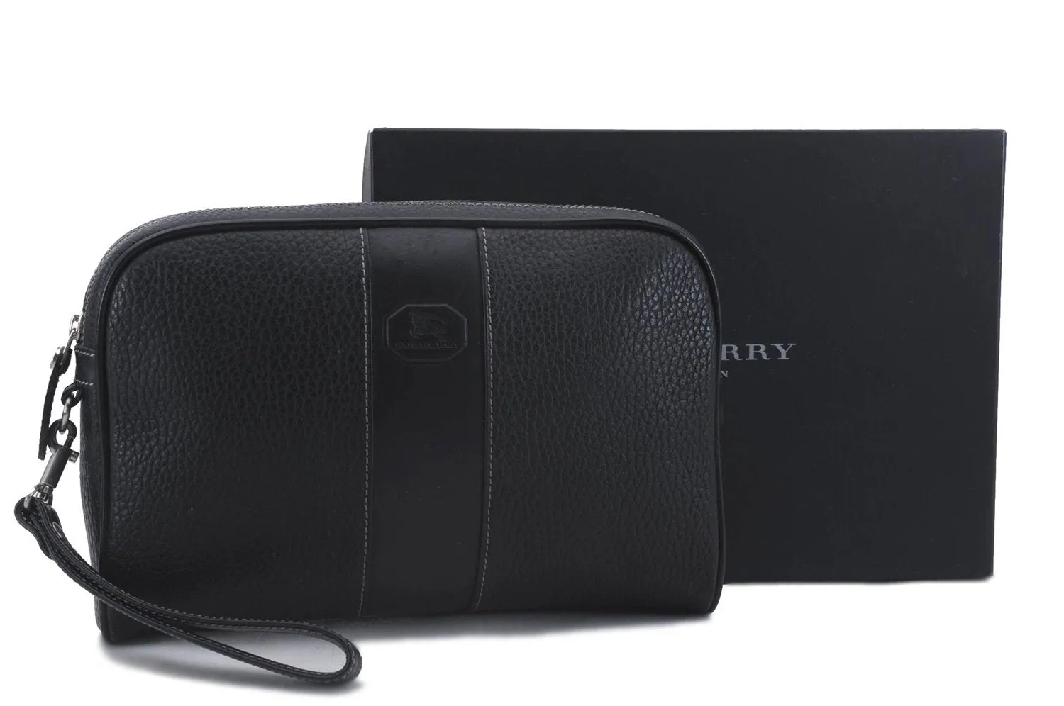 Authentic BURBERRY Vintage Leather Clutch Hand Bag Purse Black Box 3537D