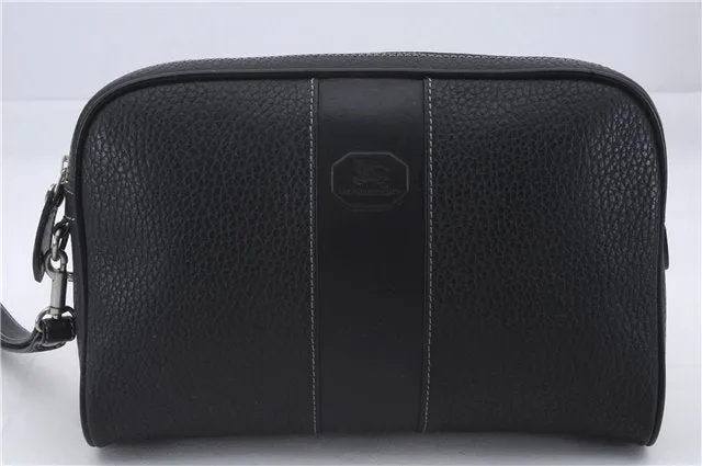 Authentic BURBERRY Vintage Leather Clutch Hand Bag Purse Black Box 3537D