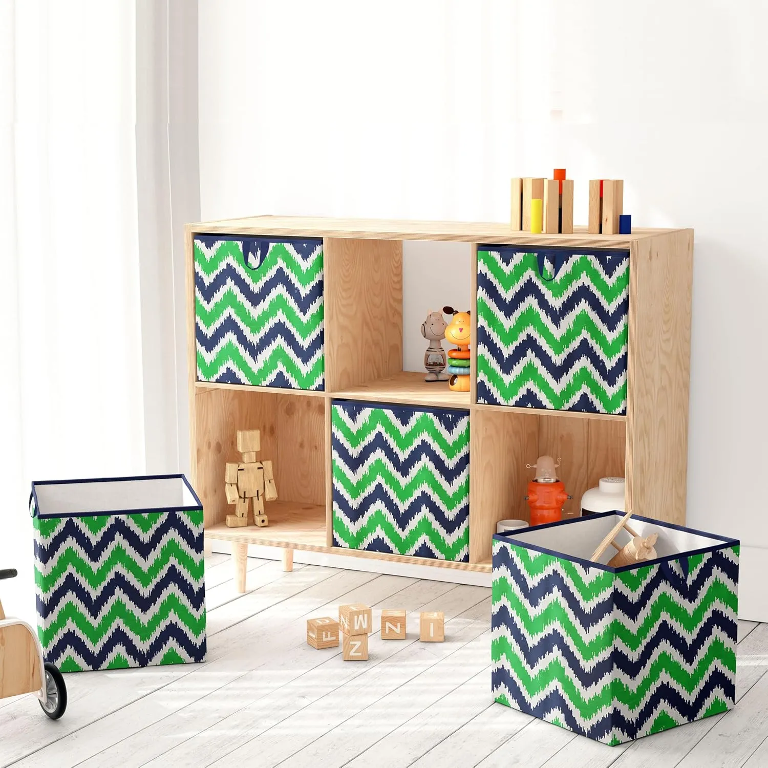 Bacati - Small Storage Tote Mix N Match Ikat Chevron/Dots Navy/Green 10 x 10 x 10 inches