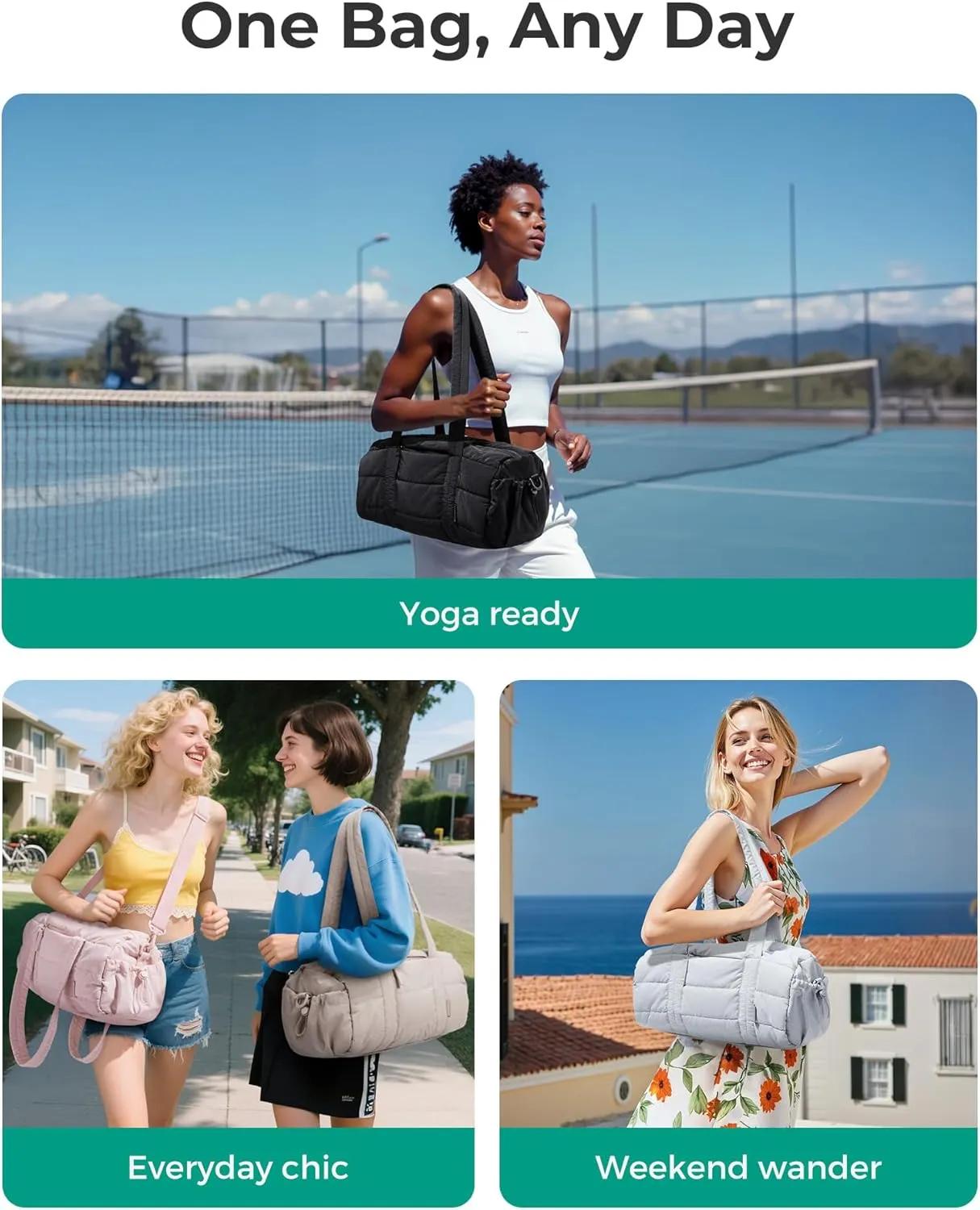BAGSMART Gym Bag for Women, Yoga Mat Duffle Bag with Wet & Dry Pocket, Quilted Sports Bag for Weekend/Swimming, Black
