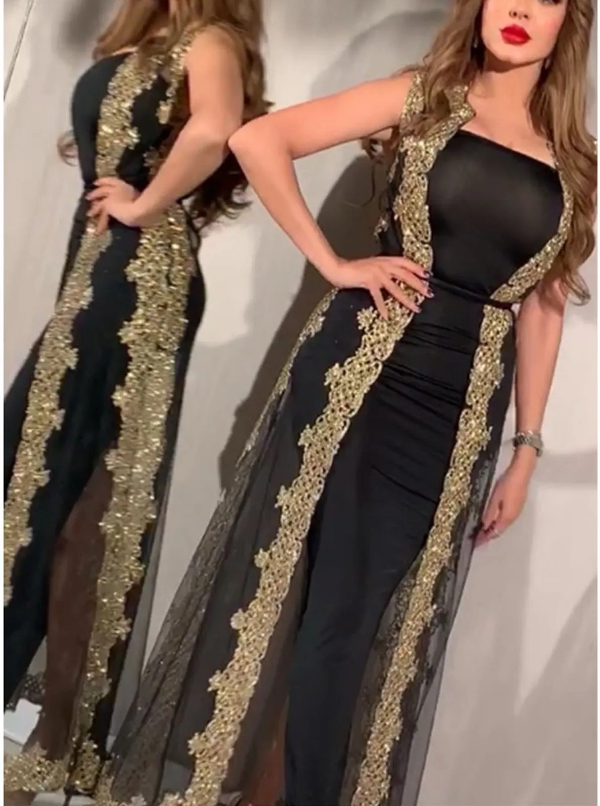 Black Evening DressesWith Gold Lace Edge Formal Lady Mermaid Evening