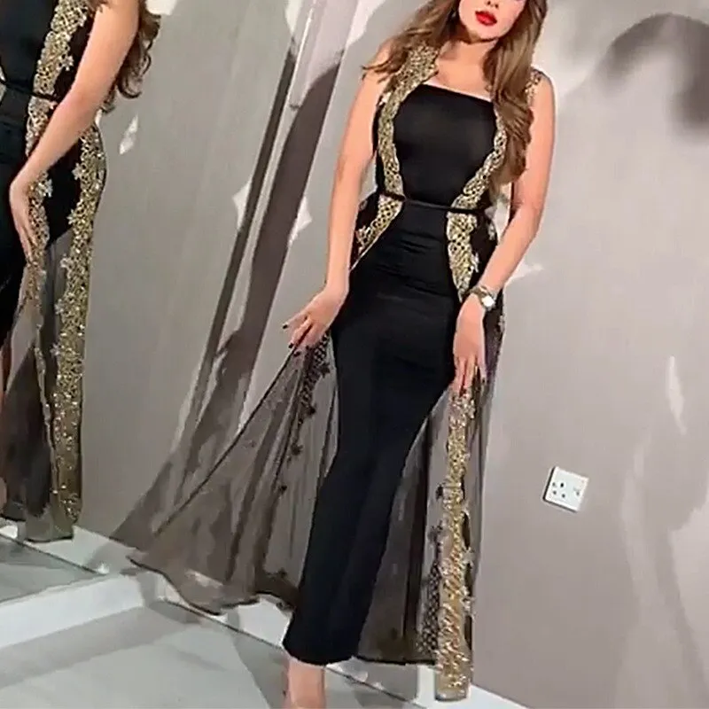 Black Evening DressesWith Gold Lace Edge Formal Lady Mermaid Evening