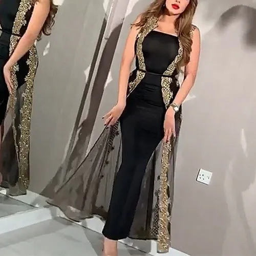 Black Evening DressesWith Gold Lace Edge Formal Lady Mermaid Evening