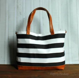 Black Stripe with Vegan Leather - Tote Bag /  Diaper Bag /  Medium Bag -