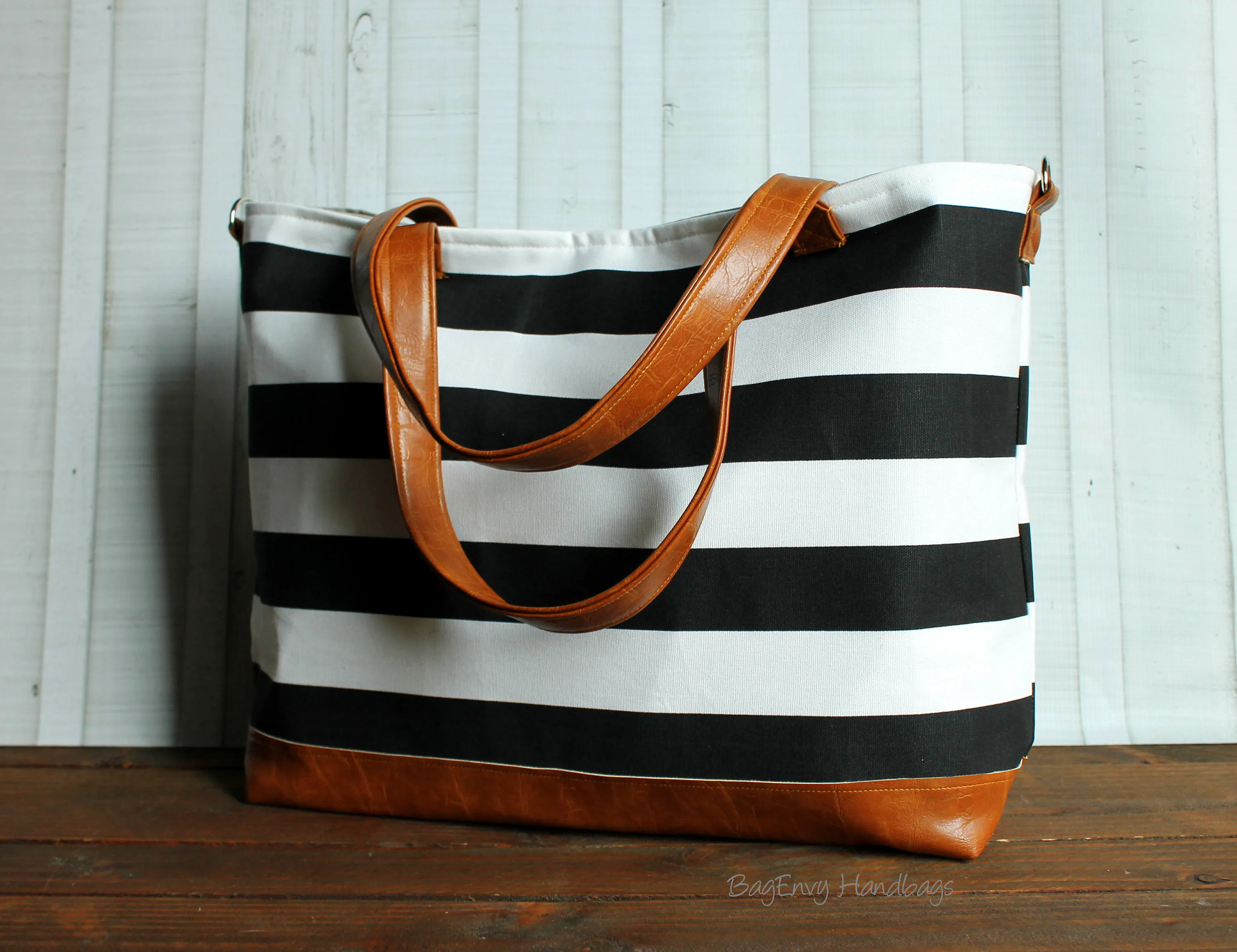 Black Stripe with Vegan Leather - Tote Bag /  Diaper Bag /  Medium Bag -
