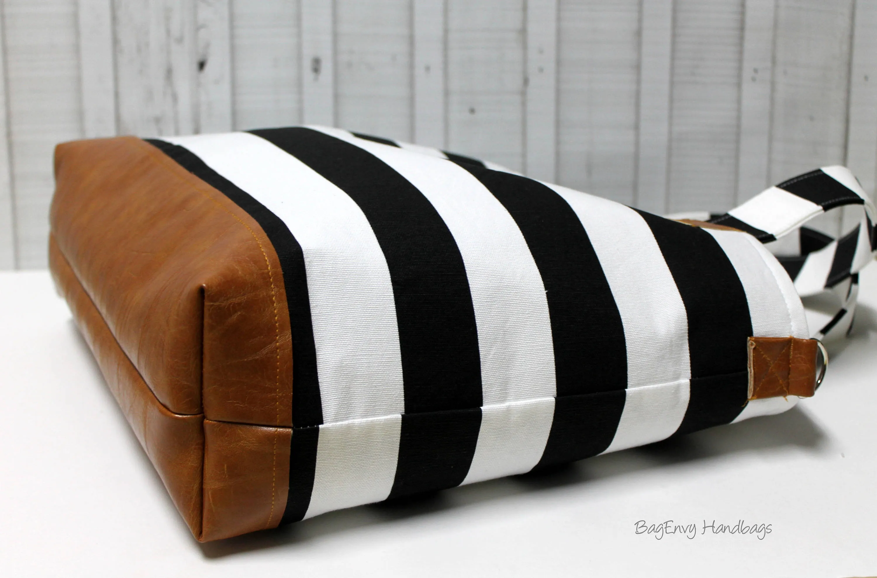 Black Stripe with Vegan Leather - Tote Bag /  Diaper Bag /  Medium Bag -