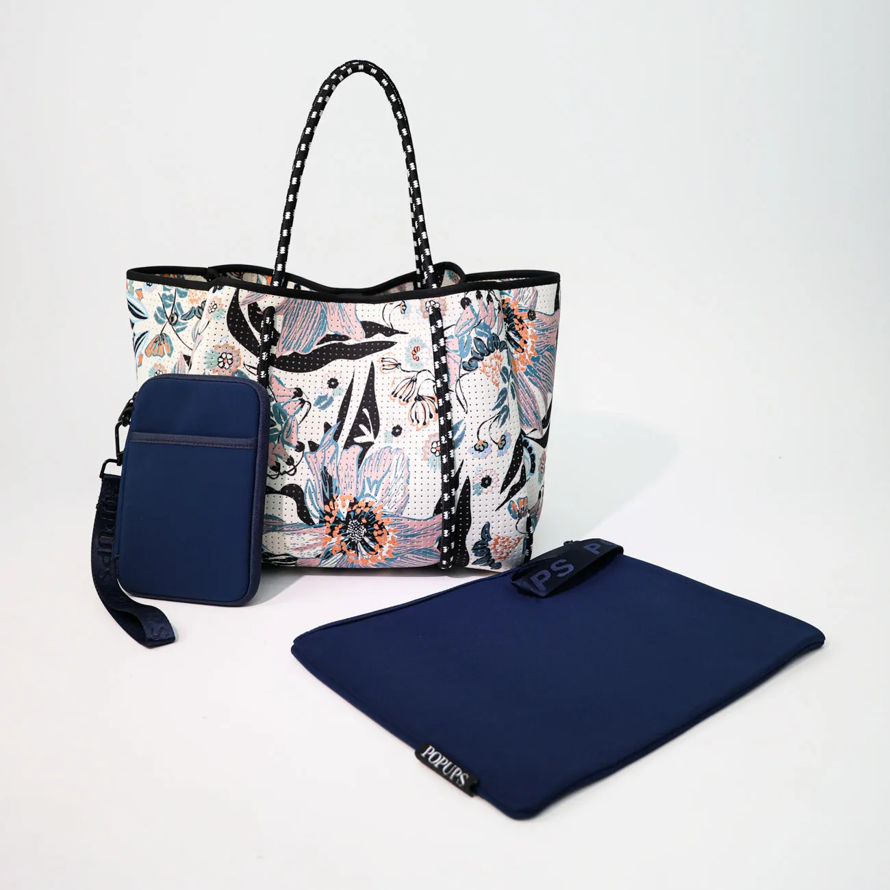 BLOSSOM WHITE SET: EVERYDAY TOTE   OVERSIZED WRISTLET POUCH   PASSPORT WALLET
