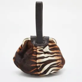 Brown Calfhair and Leather Frame Wristlet Pouch