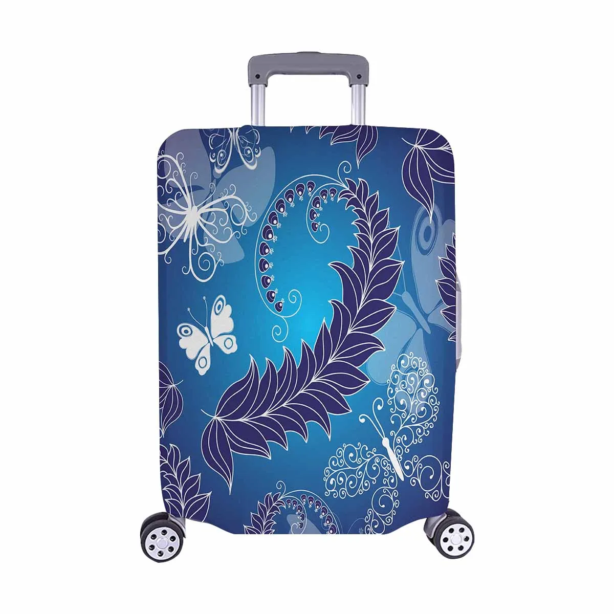 Butterflies and Birds themed Cover for Luggage suitcase printed Floral dark blue spring pattern with branch and butterflies