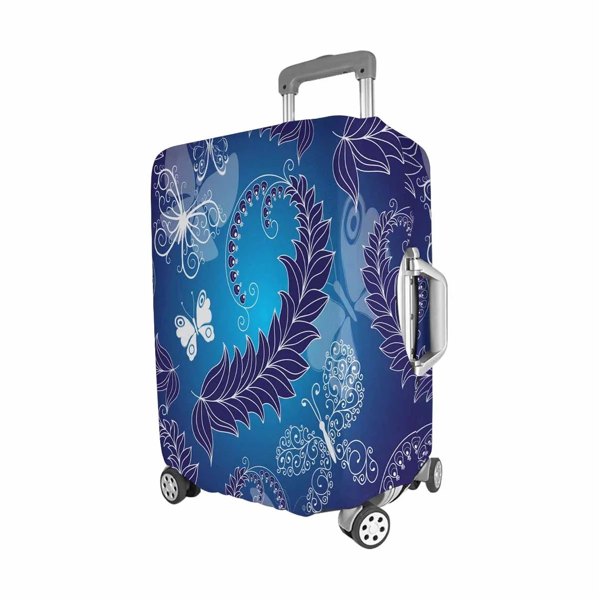 Butterflies and Birds themed Cover for Luggage suitcase printed Floral dark blue spring pattern with branch and butterflies
