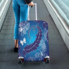 Butterflies and Birds themed Cover for Luggage suitcase printed Floral dark blue spring pattern with branch and butterflies