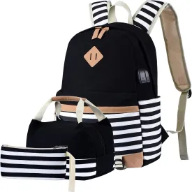 Canvas School Bags Striped Rucksack Casual Daypack Laptop Backpack College Student Bag Backpack for Women Teenage Girls, with Lunch Box Bag Pencil Case