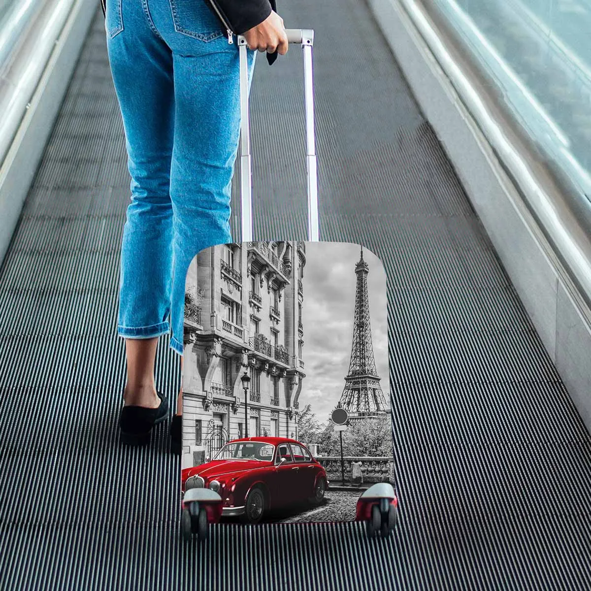 Coutry themed Cover for Luggage suitcase printed Eiffel Tower seen from the street with red retro limousine car