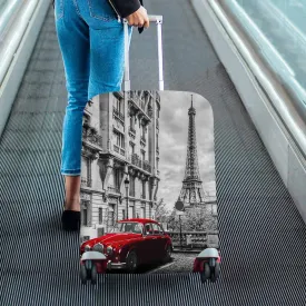 Coutry themed Cover for Luggage suitcase printed Eiffel Tower seen from the street with red retro limousine car