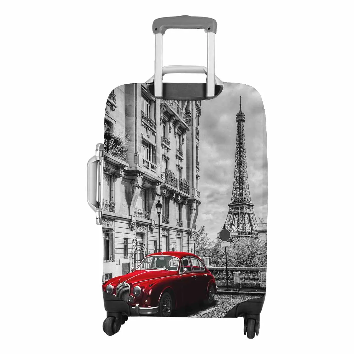 Coutry themed Cover for Luggage suitcase printed Eiffel Tower seen from the street with red retro limousine car
