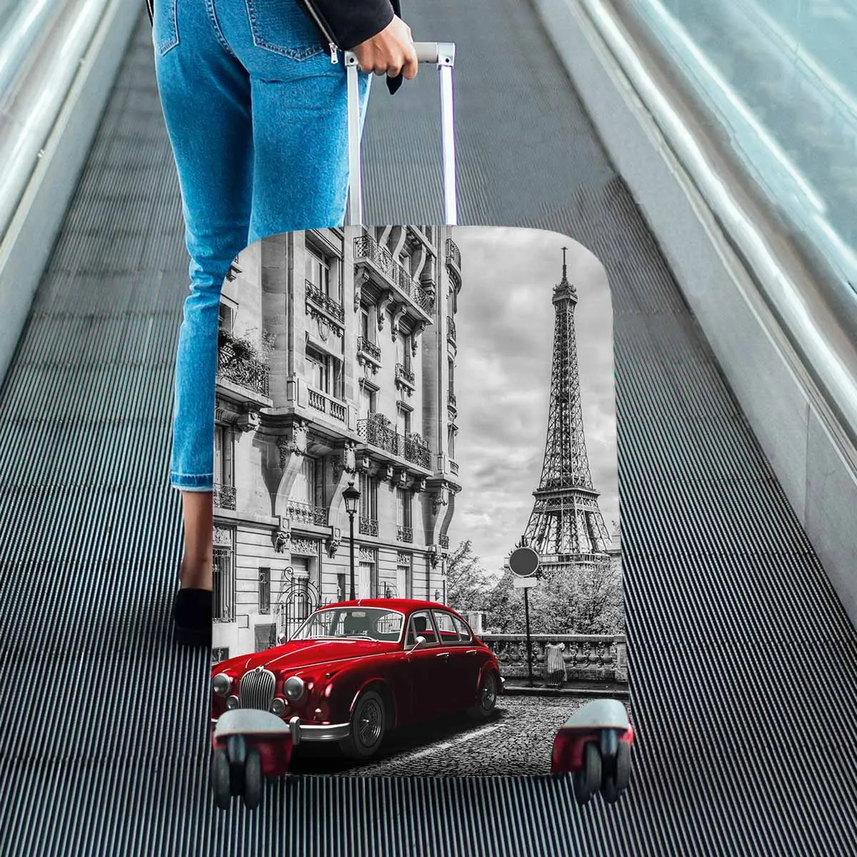 Coutry themed Cover for Luggage suitcase printed Eiffel Tower seen from the street with red retro limousine car