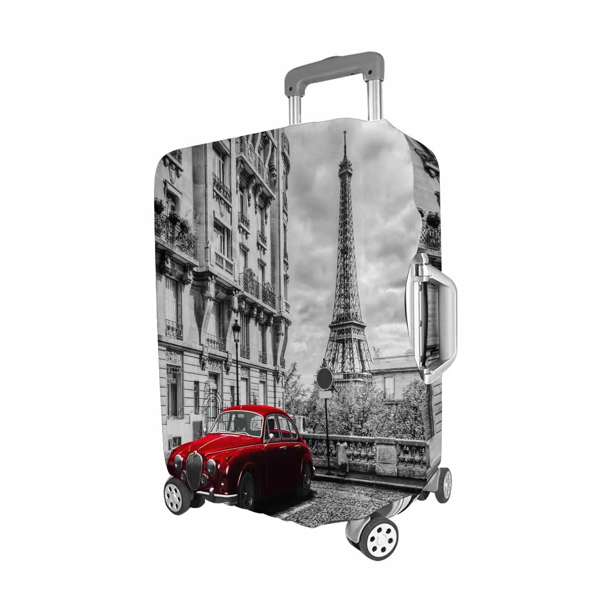 Coutry themed Cover for Luggage suitcase printed Eiffel Tower seen from the street with red retro limousine car