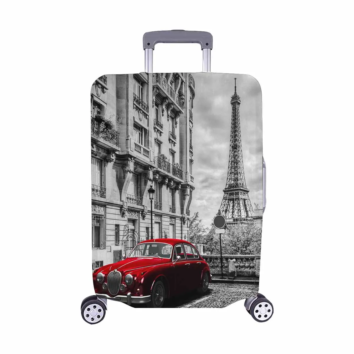 Coutry themed Cover for Luggage suitcase printed Eiffel Tower seen from the street with red retro limousine car