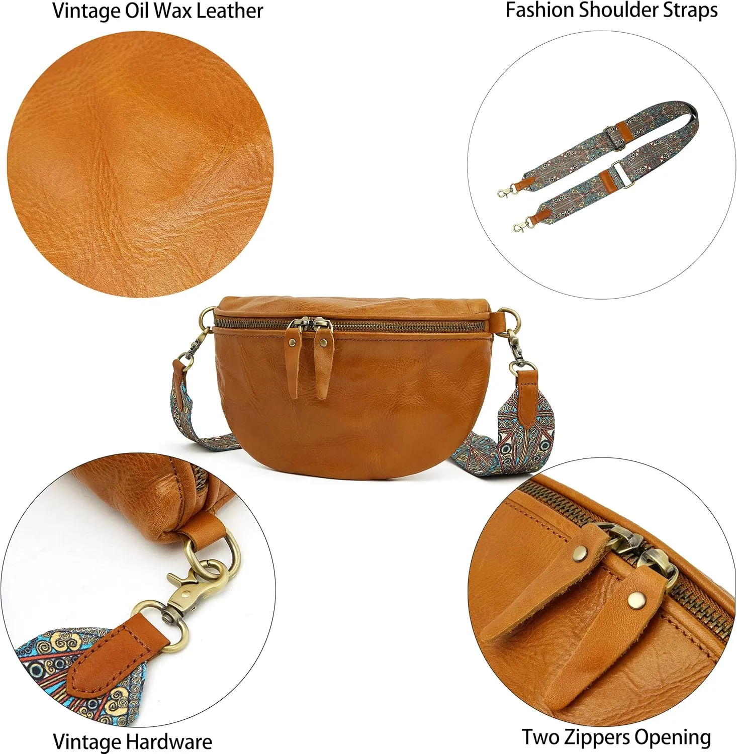 DORIS&JACKY Leather Crossbody Bag For Women Cute Chest Shoulder Purse With Wide Pattern Strap