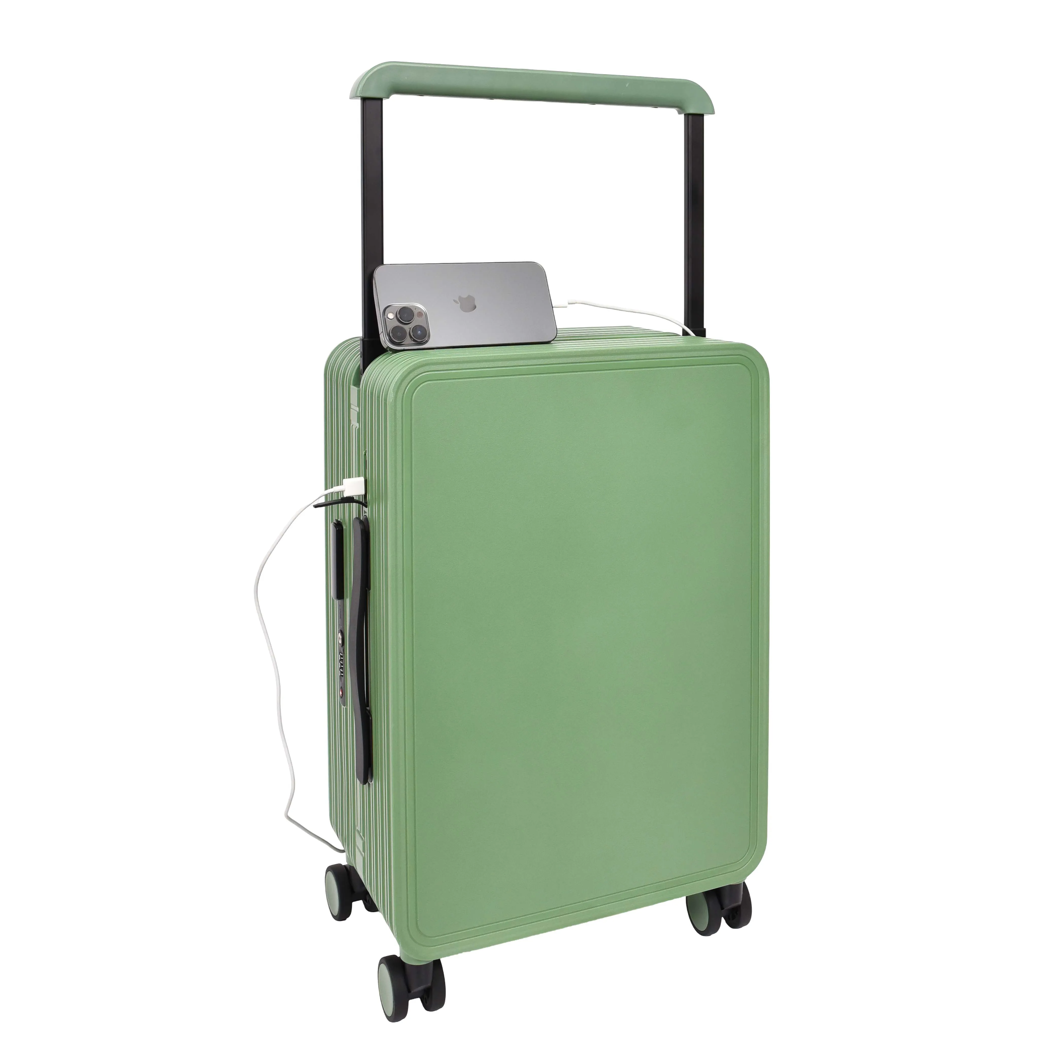 DR698 Cabin Size USB Port Suitcase Four Wheels Hard Shell Smart Luggage Green