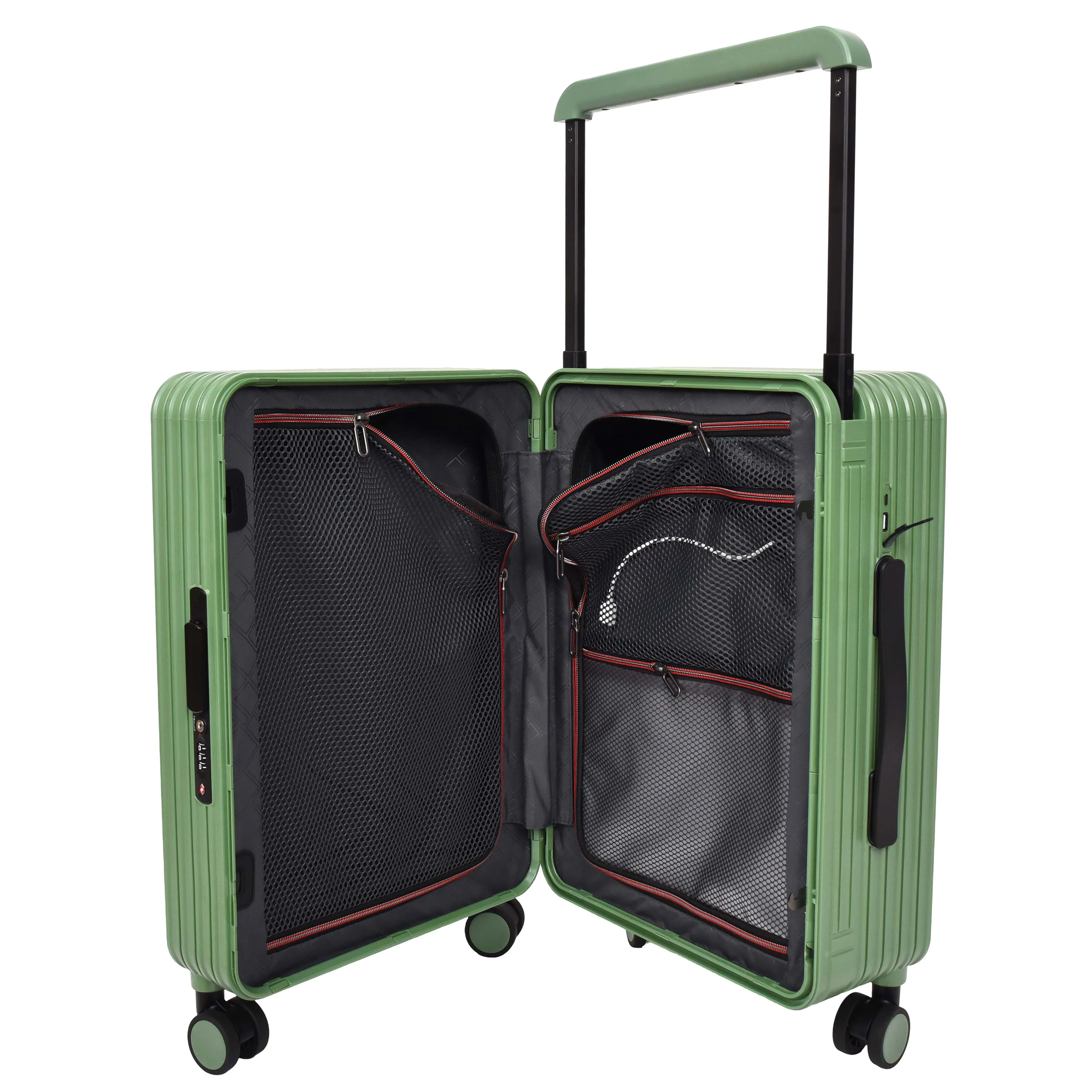 DR698 Cabin Size USB Port Suitcase Four Wheels Hard Shell Smart Luggage Green