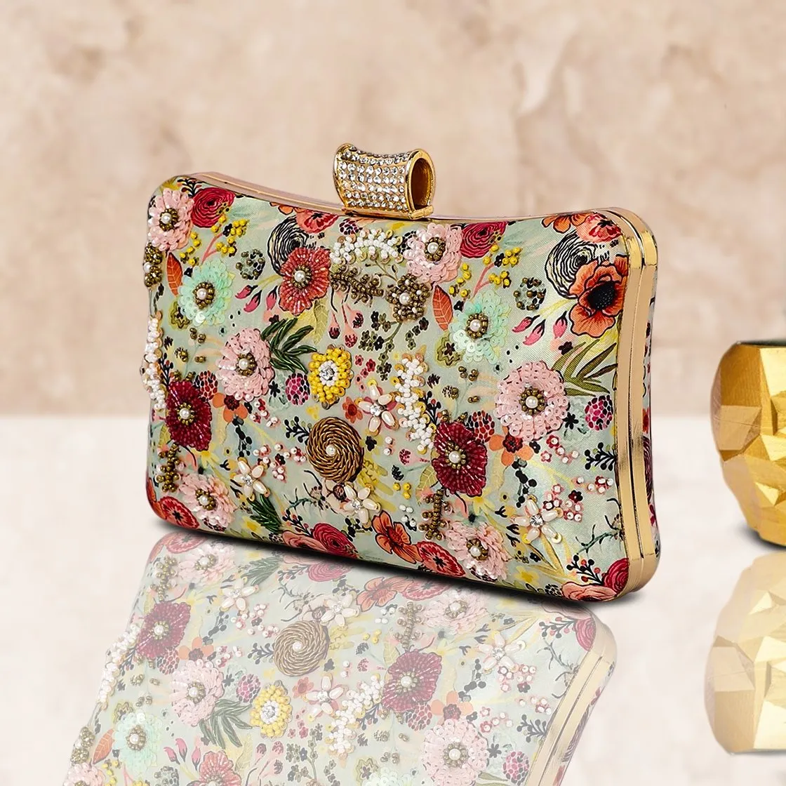 Floral Hand Embroidered Multi Color Clutch