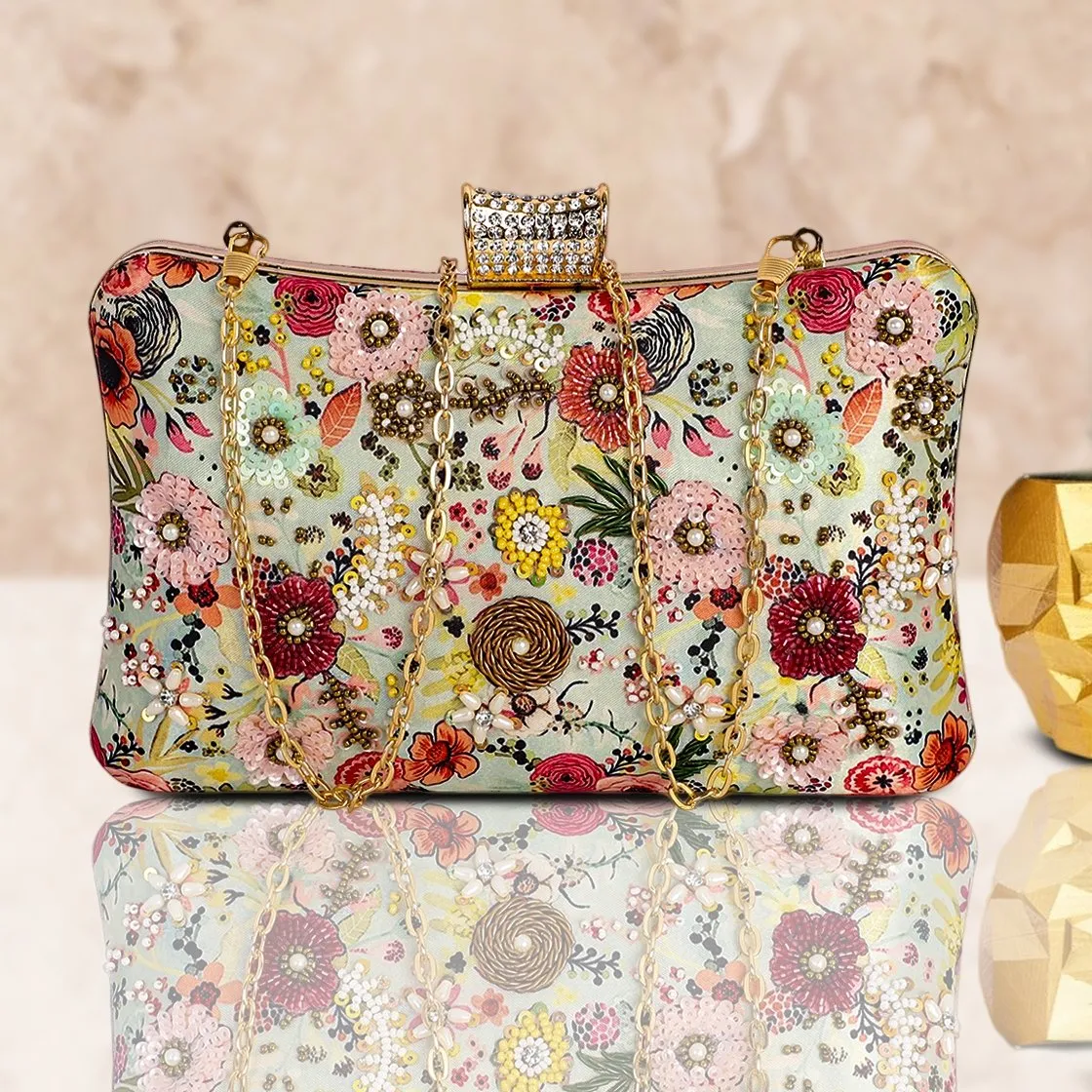 Floral Hand Embroidered Multi Color Clutch