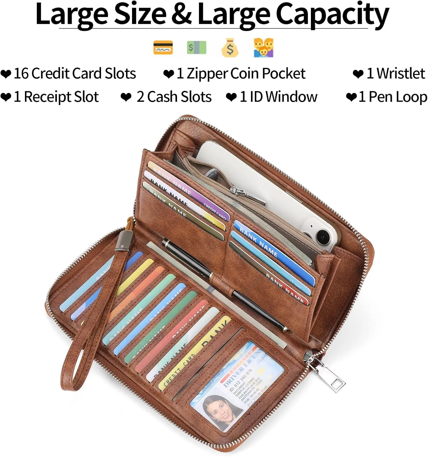 GOIACII Womens Wallet RFID Blocking Leather Large Capacity Long Purse Card Clutch Wristlet