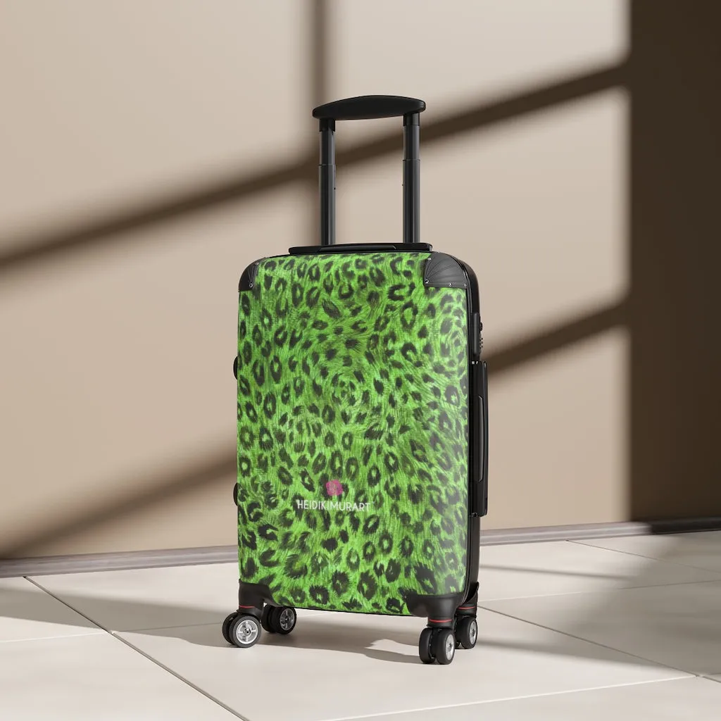 Green Leopard Print Cabin Suitcase, Animal Print Small Premium Luxury Carry On Luggage For Men or Women