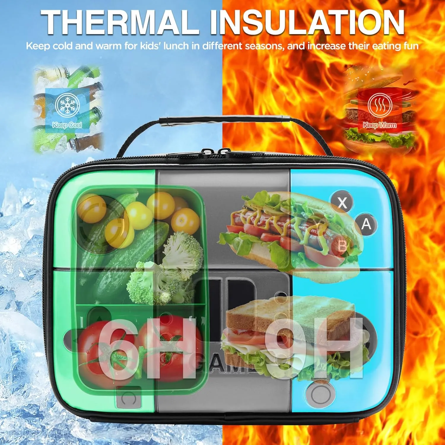 Kids Lunch Box, Game Boy Lunch Bag by 3D Printing, Thicker PU Thermal Insulated lunchbox With Inner Cutlery Mesh Bag, Waterproof And Portable Mini Cooler, Fits Easily in Backpack For Students