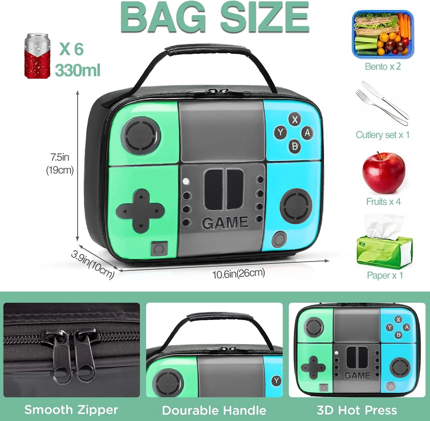 Kids Lunch Box, Game Boy Lunch Bag by 3D Printing, Thicker PU Thermal Insulated lunchbox With Inner Cutlery Mesh Bag, Waterproof And Portable Mini Cooler, Fits Easily in Backpack For Students