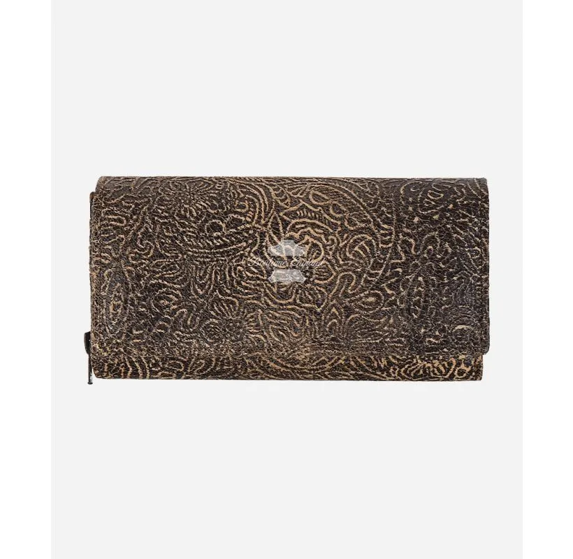 Ladies Floral Embossed Leather Clutch Brown Vintage RFID Card Holder Purse