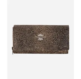 Ladies Floral Embossed Leather Clutch Brown Vintage RFID Card Holder Purse