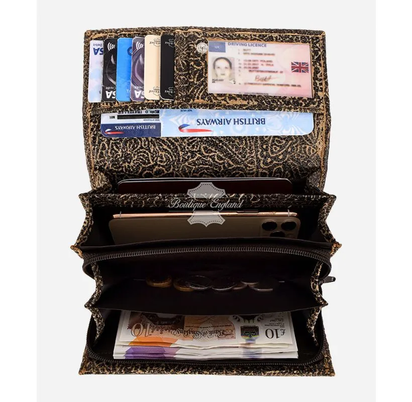 Ladies Floral Embossed Leather Clutch Brown Vintage RFID Card Holder Purse