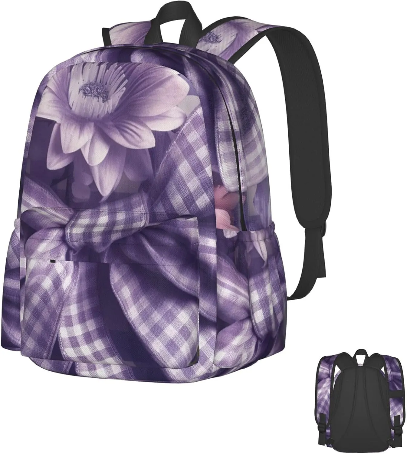 Laptop Backpack for Men Women Lightweight Backpack Checkered Bow Casual Daypack with Bottle Side Pockets