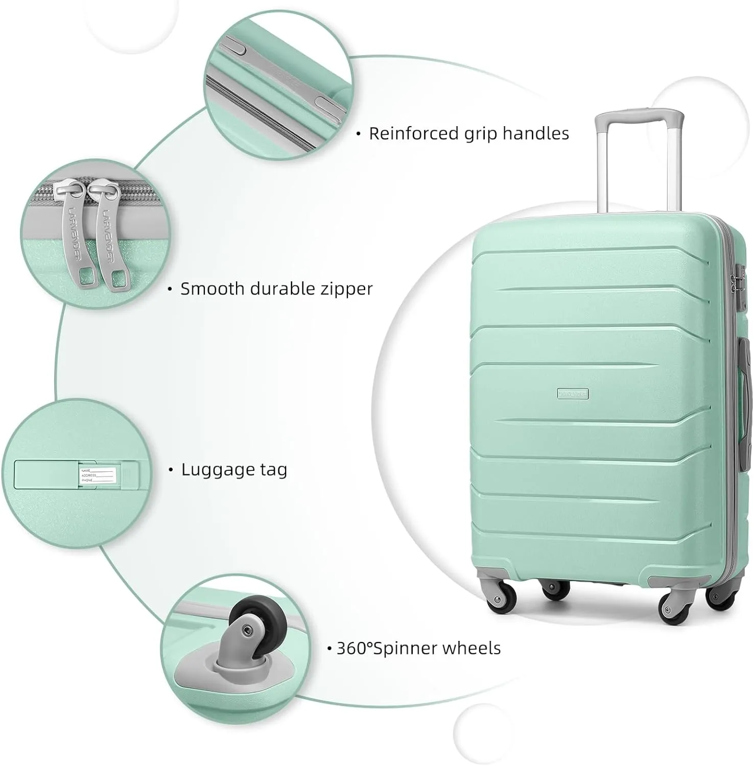 LARVENDER 3-Piece Carry On Luggage for Women,Hard Shell Suitcase 20Inch Carry On Luggage 22x14x9 Airline Approved, Spinner Wheel and TSA LockMint Green 20Inch/DB/TB