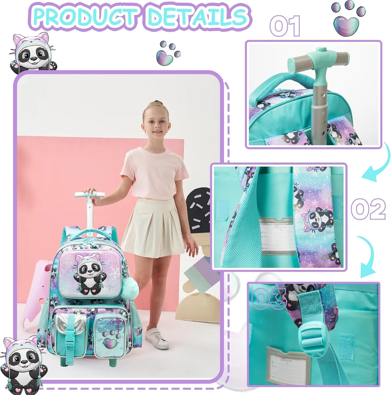 Meetbelify Kids Rolling Backpack with Wheels for Girls Rolling Backpacks with Lunch Box for Elementary School Students 3 in 1 Cute Panda Travel Luggage Suitcase for Girls Age 8-10