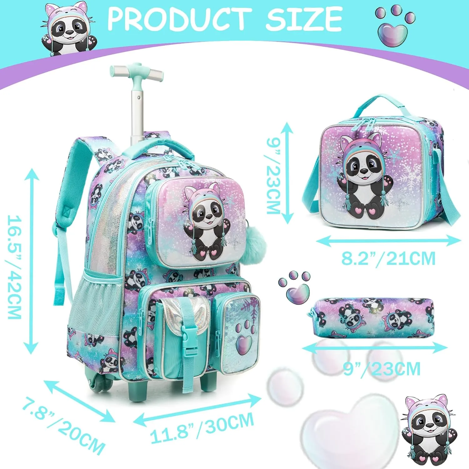 Meetbelify Kids Rolling Backpack with Wheels for Girls Rolling Backpacks with Lunch Box for Elementary School Students 3 in 1 Cute Panda Travel Luggage Suitcase for Girls Age 8-10