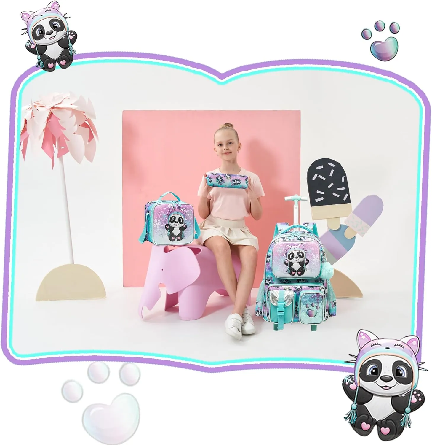 Meetbelify Kids Rolling Backpack with Wheels for Girls Rolling Backpacks with Lunch Box for Elementary School Students 3 in 1 Cute Panda Travel Luggage Suitcase for Girls Age 8-10