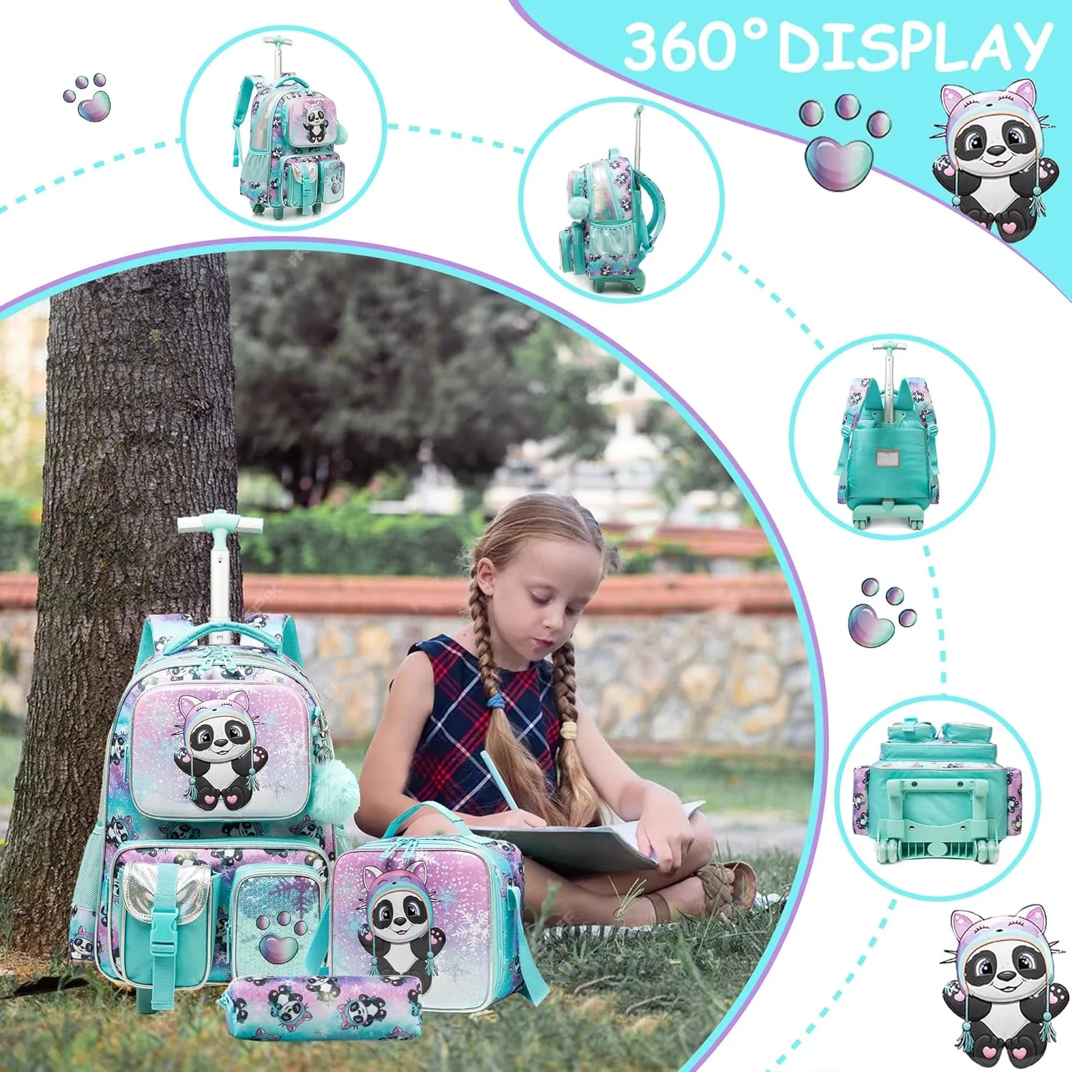 Meetbelify Kids Rolling Backpack with Wheels for Girls Rolling Backpacks with Lunch Box for Elementary School Students 3 in 1 Cute Panda Travel Luggage Suitcase for Girls Age 8-10
