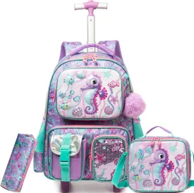 Meetbelify Kids Rolling Backpack with Wheels for Girls Rolling Backpacks with Lunch Box for Elementary School Students 3 in 1 Travel Luggage Suitcase for Girls Age 8-10