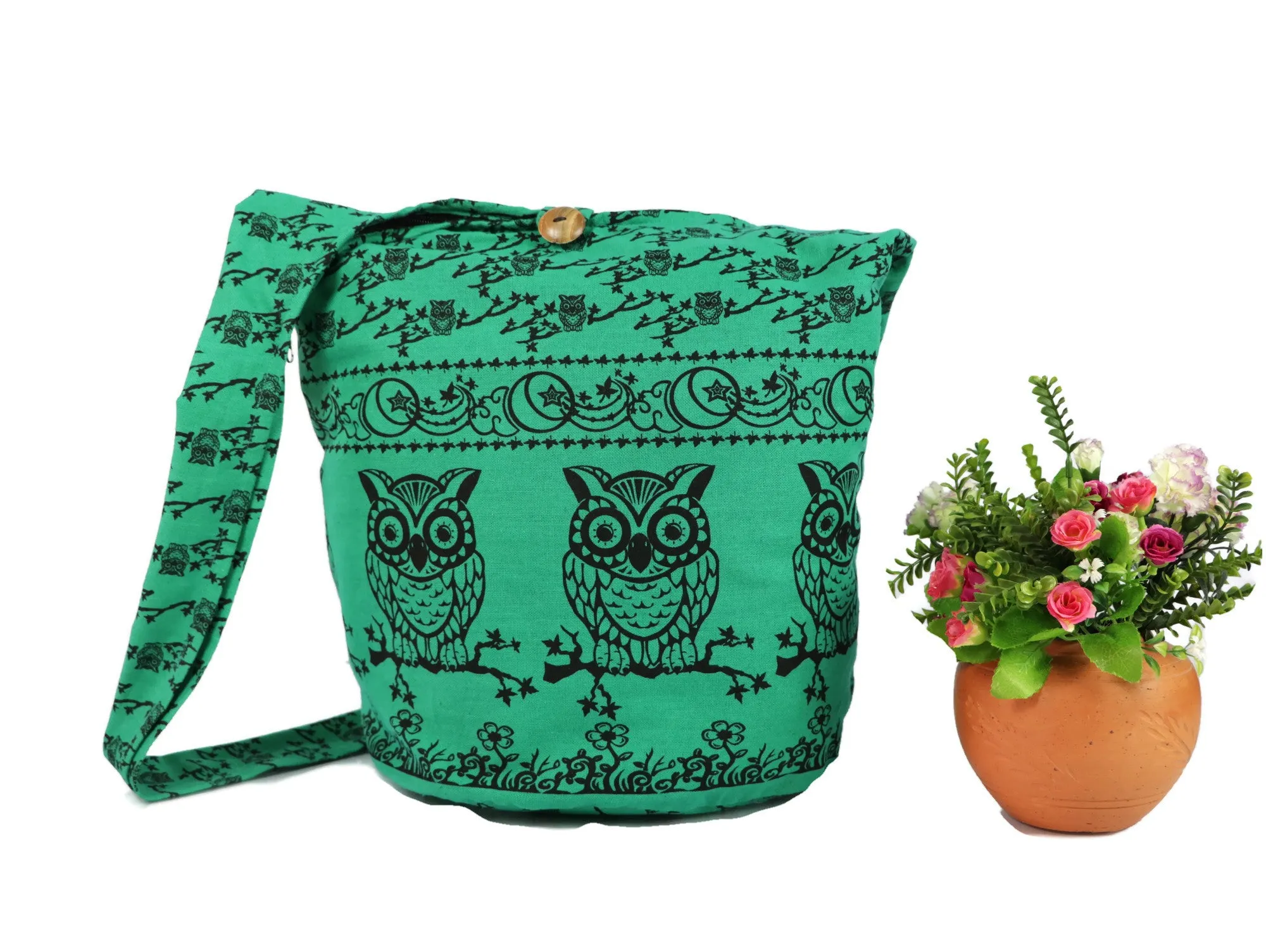 Owl Hobo Bag Shoulder Tote Purse Crossbody Sling Hippie Bohemian cotton Messenger Bags Top Zip