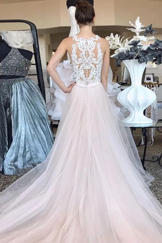 Pearl Pink Tulle A Line Lace Top Long Sleeveless Prom Dresses PFP1557