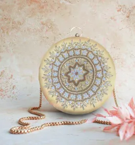 Round Zari Pearl Clutch | Golden