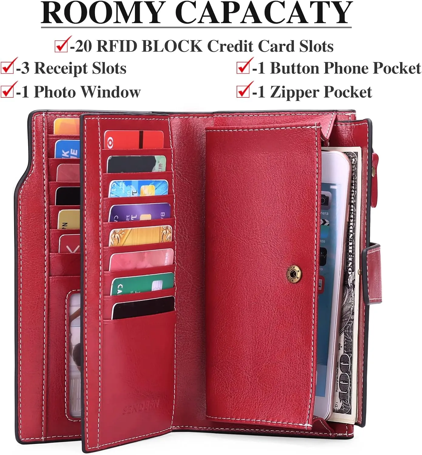 SENDEFN Women Leather Wallets RFID Blocking Clutch Card Holder Ladies Purse with Zipper Pocket