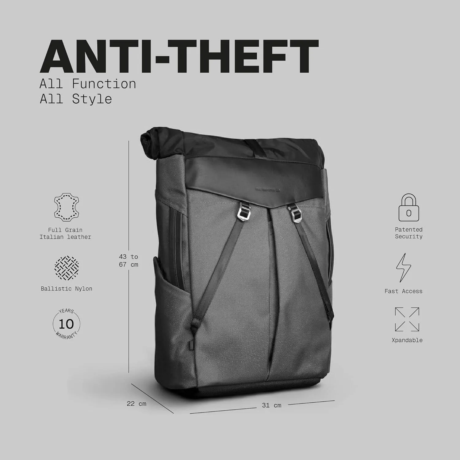 The Frenchie Co. Anti-Theft Speed Backpack, Slim Minimalist Backpack with Hidden Zippers and Cut-Resistant Design for Travel and Everyday Use, Made of Ballistic Nylon