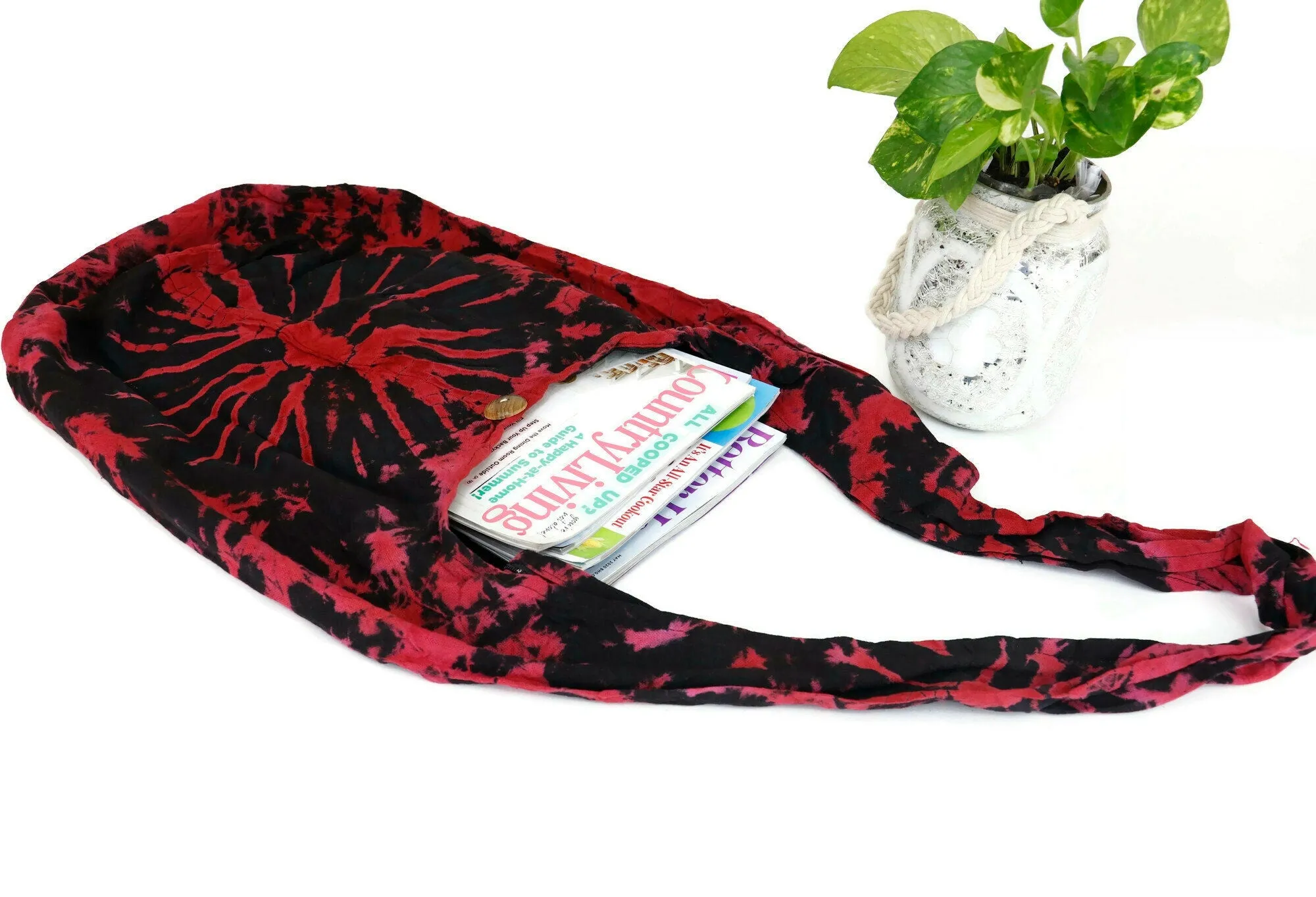 Tie Dye Bag Purse Crossbody Sling Hobo Boho Shoulder bag Hippie Bohemian cotton Messenger Bags Top Zip Firework Black Red HT133